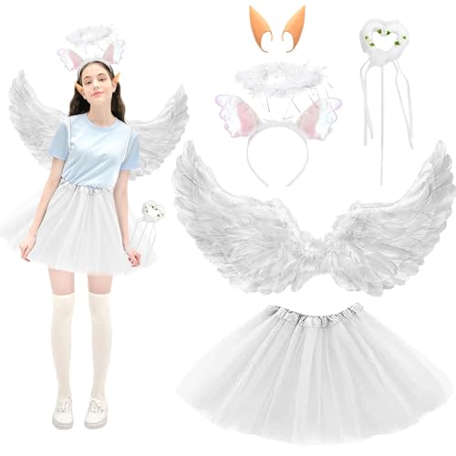Disfraz de alas de ángel blanco,con Alas de Angel,Halo blanco,Varilla de ángel,Orejas de elfo,Falda de tul blanca,Alas de ángel para niños y mujeres,Disfraz Accesorios para Carnaval Cosplay Fiesta