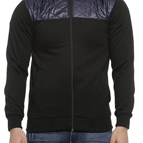 Image of Campus Sutra Men's Black Solid Colour-BlockedRegular Fit Cotton Jacket For Winter Wear | Standing Collar | Full Sleeve | Zipper | Casual Jacket For Man | Western Stylish Jacket For Men