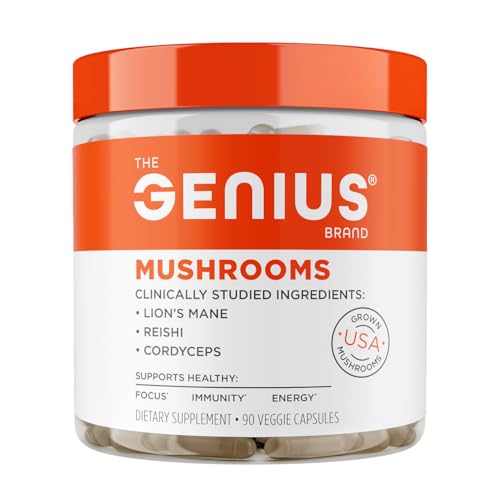 The Genius Brand Genius Mushrooms - Plant-Based Supplement for Immune, Focus & Energy Support - Lion's Mane, Cordyceps & Reishi - Organic & Non-GMO - 90 Veggie Capsules