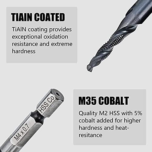 Hymnorq M4 X 0.7 Metric Combo Tap Drill Bit, Black Tiain Finish M35 Cobalt Steel, Quick Change 1/4 Inch Hex Shank And Self-Centering 118 Degree Split Point, For Aluminum Brass Iron Stainless Steel #TOP2