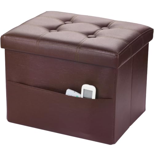 Image of Bsketa Storage Ottoman Bench,16 Inch Folding Leather Foot Rest Stool, Brown | Small Ottoman with Side Pockets, Thicker Foam Padded Seat, Livingroom, Dorm, Bedroom, Easy to install, 38L,16x12x12in
