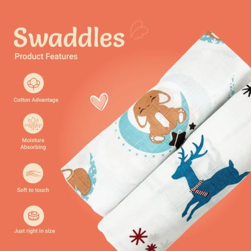Image of Tinylane 100% Cotton Printed Swaddle Wrap for Newborn Baby | Soft & Breathable Muslin Blanket, 90 x 90cm, Skin-Friendly | for 0-2 Years | Pack of 2 (Blue Moon & Teal Dancing Deer Designs)