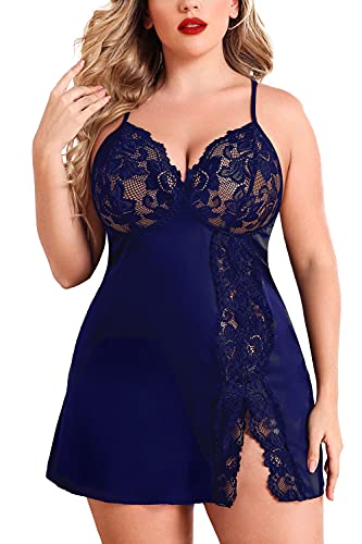 Avidlove Plus Size Lingerie For Women Sexy Satin Nightgown Lace Babydoll Side Slit Strappy Chemise