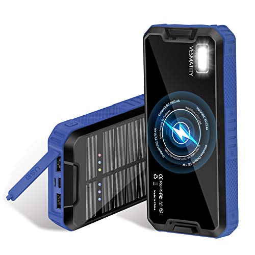 Wireless Solar Charger 20000mAh Power Bank, Portable Charger with 2 USB Outputs & LED Flashlight, Solar Charger External Battery Backup for Smart Phone,for iPhone/Android/Tablet (Blue 20000mah)