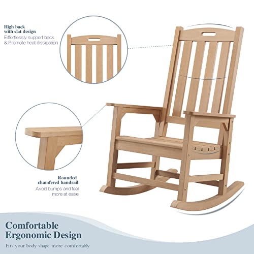 Psilvam Patio Rocking Chairs Set Of 2, Poly Lumber Porch Rocker With High Back, 350Lbs Support Rocking Chairs For Both Outdoor And Indoor, Poly Rocker Chair Looks Like Real Wood (Teak Color) #TOP4
