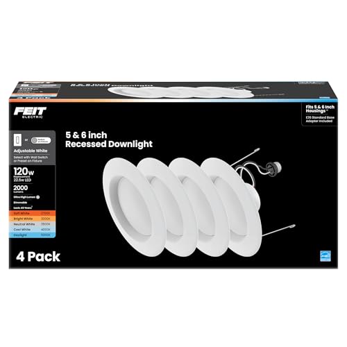 Feit Electric 5/6 Inch LED Recessed Downlight 22.5W (120W Eqv) Dimmable Adjustable White 2700K5000K Retrofit Kit E26 Adapter Ideal for Larger Spaces or High Ceilings LEDR56XHO/6WYCA/4 4 Pack
