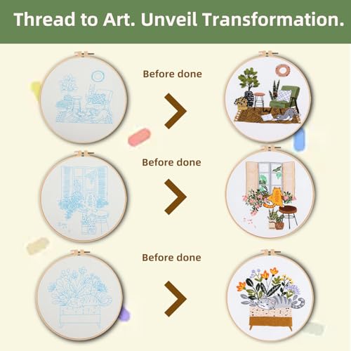 Image of olhuvs 3 Set Stitches Practice Kit, Embroidery Kit for Beginners DIY Starter Set with Stamped Flower, Colorful Threads, Tools, Step by Step Instructions (F)