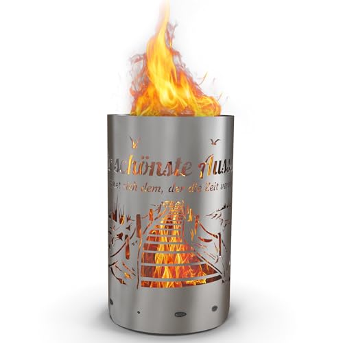 TiKo-Design Feuertonne Strand & Steg Motiv mit Spruch – „Die schönste Aussicht eröffnet Sich dem, der die Zeit vergisst“ – Feuerkorb aus Stahl...