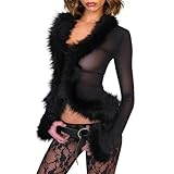 Fuzzy Fur Trim Mesh Crop Top for Women Sexy See Through Shirt Sheer Long Sleeve V Neck Cardigan Jacket Y2k Clubwear (Black, S)