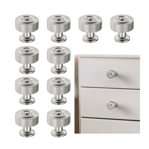 FILTA 10 Pack Brushed Satin Nickel Cabinet Knobs - Ribbed Design Zinc Alloy Dresser Drawer Cabinets Hardware for Furniture Kitchen Bathroom