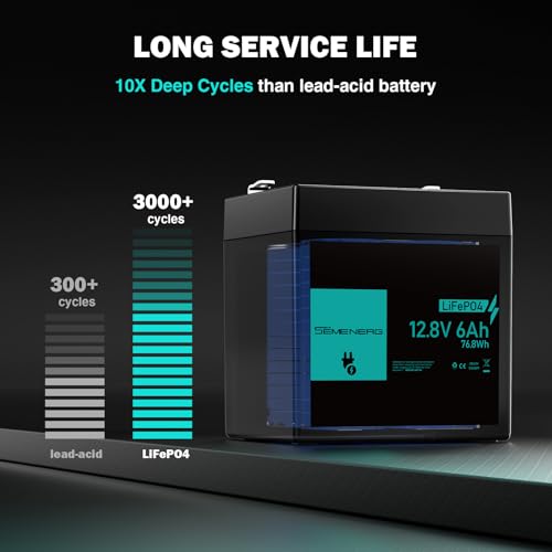 SEMENERG 12V 6Ah LiFePO4 Lithium Batterie mit 10A BMS Intelligent Schutz, Wiederaufladbare Akku 3000+ Deep Cycle für Notstrombeleuchtung, Fischfinder, Camping, Rasenmäher, Solarpanel, Wohnmobile