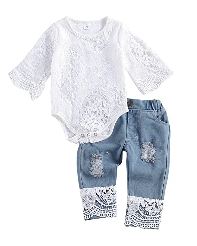 Avodova Baby Girls Pants Set Ruffles Sleeve Lace Romper + Denim Ripped Jeans Outfits (White,3-6 Months) #TOP17