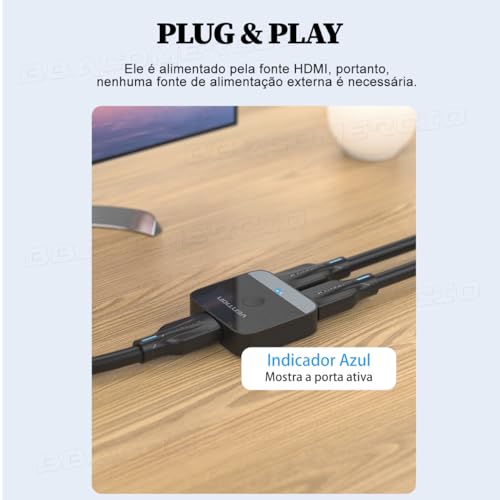 Divisor Splitter de Sinal HDMI Com Switch 2 Portas Bidirecional 4K de 2x1 Áudio e Vídeo UHD 4k 60Hz