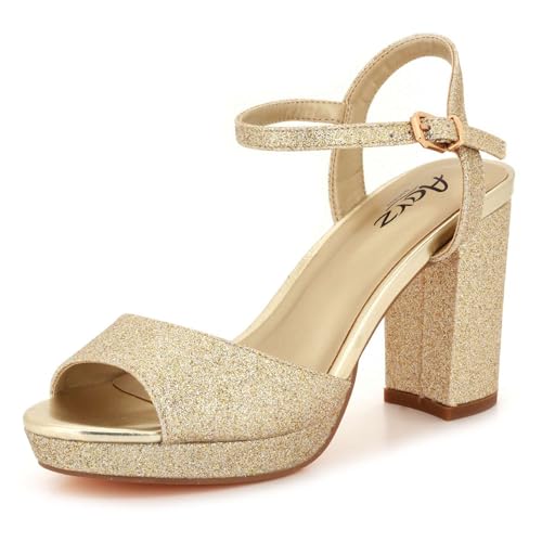 AARZ LONDON Womens Glitter Platform High Block Heel Sandals Ankle Strap Open Toe Sparkly Evening Wedding Party Prom Ladies Gold Shoes Size 5 UK 38 EU