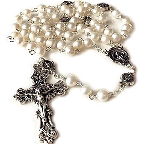 FUZYXIH White Pearl Rosary Beads Catholic Necklace Holy Soil Medal Cross Rosary Necklace Prayer Beads Religious Jewelry Gifts Cover