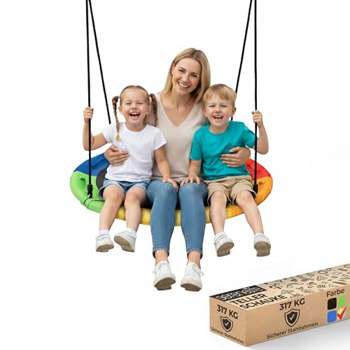 SereneLife Nestschaukel Regenbogen 100 cm – Runde Hängeschaukel für Kinder & Erwachsene mit gepolstertem Rahmen & wetterfestem Stoff Für Garten & Zimmer, 270 kg tragbar, Spielspaß & Entspannung