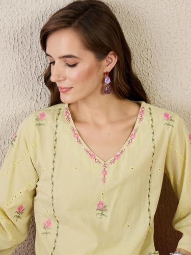 Image of INDO ERA Women's Pure Cotton Floral Embroidered A-Line Kurta & Pant Set (IESTR11298)
