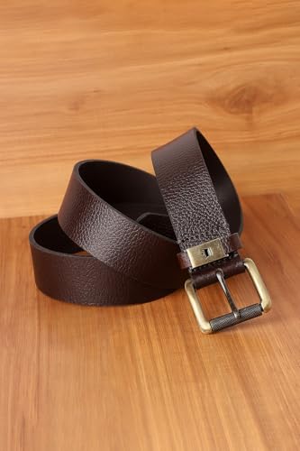 Image of Louis Philippe Men 100% Leather Brush Brass and LP Loop Buckle Casual Casual Profile Belt