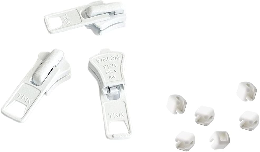 Zipper Repair Kit - #10 YKK Heavy Duty Metal Sliders for Molded Zippers - 3 Sliders & 6 Snapcaps Per Pack - Color: White - Made in The United States