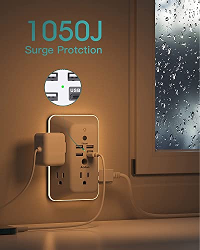Surge Protector, Outlet Extender with Night Light, Addtam 5-Outlet Splitter and 4 USB Ports(1 USB C), USB Wall Charger Power Bar, Multi Plug Outlet for Home, Office, School