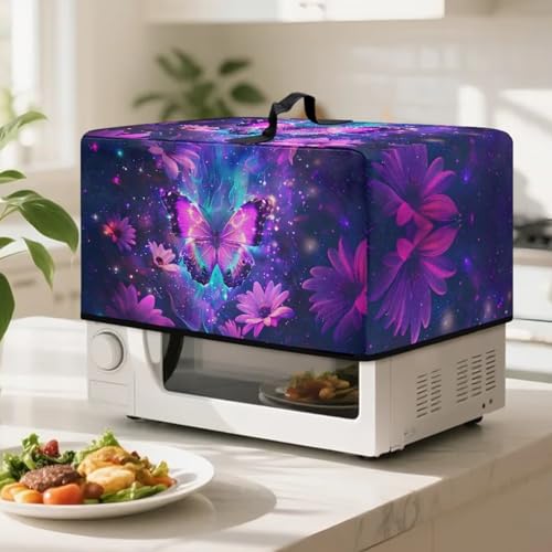 Image of Microwave Oven Dustproof Cover Machine Washable Convection Oven Cover Protector Compatible with Various Small Kitchen Appliances, L, Butterfly Daisy Galaxy Violet Blue