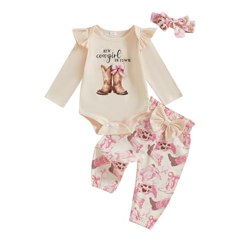 Newborn Baby Girls Fall Outfit Western Cowgirl Long Sleeve Bubble Romper Horse/Boots Print Pants 3Pcs Clothes Set