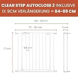 Hauck Clear Step Autoclose 2 + 9cm Verlängerung, Weiß - Kinderschutzgitter Hundegitter Verstellbare Breite 84-89cm, 77cm Hoch, Selbstschließend, Flacher Einstieg, Einhand Öffnung, ohne Bohren