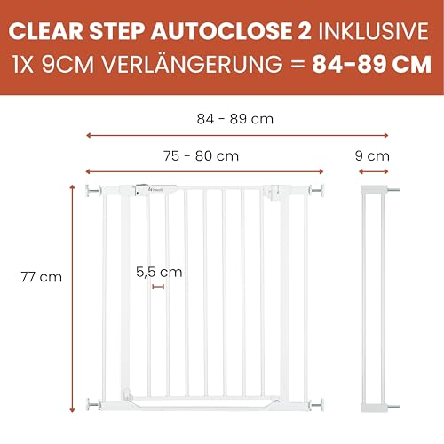 Hauck Clear Step Autoclose 2 + 9cm Verlängerung, Weiß - Kinderschutzgitter Hundegitter Verstellbare Breite 84-89cm, 77cm Hoch, Selbstschließend, Flacher Einstieg, Einhand Öffnung, ohne Bohren