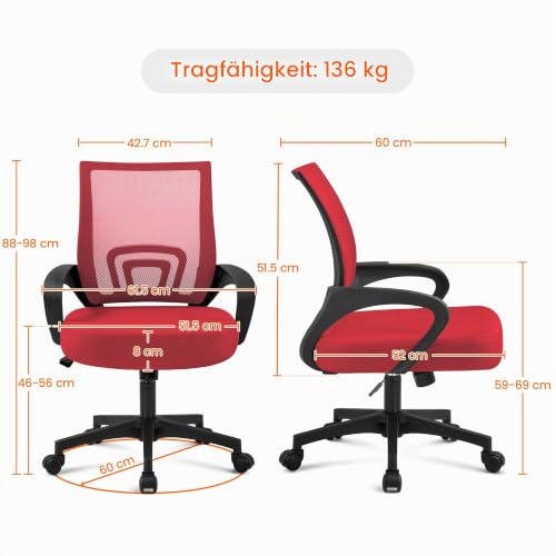 Yaheetech Bürostuhl Ergonomisch mit Netzbespannung und Armlehnen, Rot – Ansicht 4