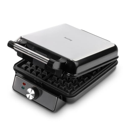 Huslog Macchina per Waffle 4 Pezzi, 1500W, Piastra Antiaderente, Temperatura Regolabile, Spia di Controllo, Manico Cool Touch, Rivestimento in Acciaio Inox, Nero