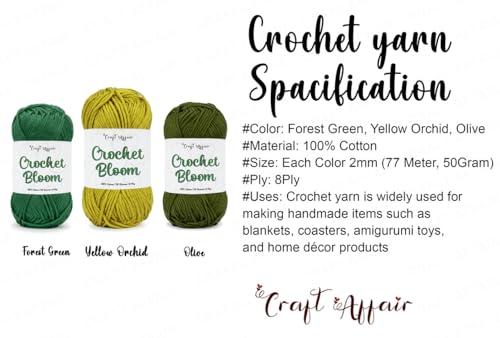 Image of Craft Affair | Crochet Bloom Cotton Yarn 8ply (Each Color 2mm, 77Meter, 50Gram) 100% Pure Cotton | for Knitting Yarn | Craft & DIY Project: Forest-Green, Yellow Orchid, Olive