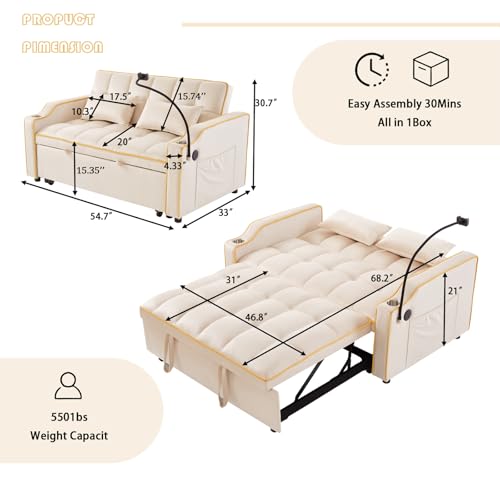 Image of Convertible Sofa Bed, 3 in 1 Futon Sofa Bed with USB Charging Ports, Cup Holder, Phone Stand & Pocket, Modern Upholstered Sleeper Sofa for Living Room, Apartment or Small Space (Beige-L)