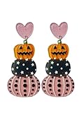 Cute Pair of Halloween Stacked Pumpkin Earrings for Women. Jack Oβ Lantern and Pink Polka Dot Stacked Pumpkin Earrings for Fall. Stylish Pair of Affordable Stacked Pumpkin Earrings for Women, Fall, Autumn and More. Pink Autumn Accessories for All.