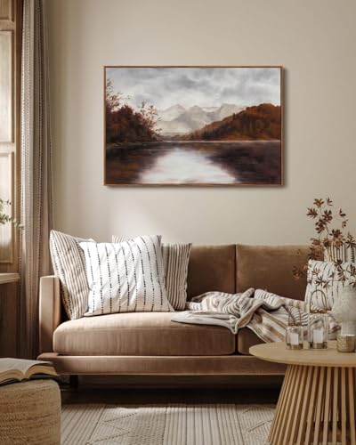 Image of KISSFOX Vintage Fall Countryside Framed Wall Art Autumn Lake Mountain Forest Landscape Canvas Art Farmhouse Nature Paintings Artwork Rustic Serene Art Prints For Kitchen Living room Bedroom