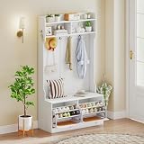 Giantex 4-In-1 Hall Tree with Bench and Shoe Storage, Entryway Bench with Coat Rack & Flip Shoe Racks, Dual-Hook Hangers & PE Rattan Doors, Farmhouse Mudroom Storage Organizer for Living Room, White