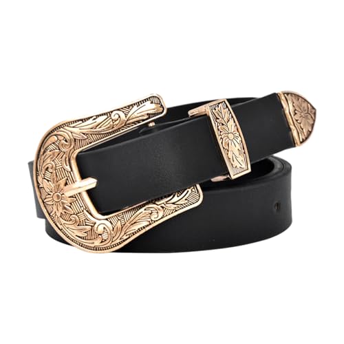 Image of EMOTTOS Women's Vintage Leather Belt- Carving Buckles Belts Western Cowboy Cowgirl for Women, Belt with Exquisite Carving Retro Buckle for Jeans Dress(A-GOLD)