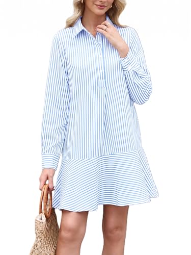 Image of EZAPINE Womens Striped Shirt Mini Dress Long Sleeve Collared Ruffle Hem Button Up Tunic Flowy Swing Dresses