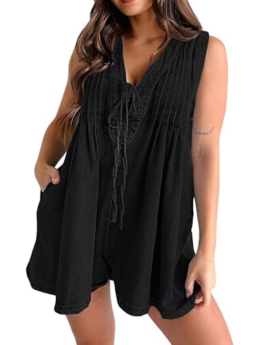 loveimgs Women Oversized Denim Romper Shorts Overall Dress Sleeveless V Neck Ruffle Jean Jumpsuit Jumper Summer Y2k Plus Size (Large Black)