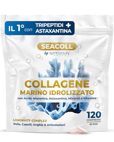 Collagene Marino con Acido Ialuronico [120 cpr x 60gg] Astaxantina Zinco Biotina Vitamina C | Collagene Marino Idrolizzato Tripeptidi Capelli, Pelle, Unghie - Longevity Complex SEACOLL