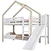 Rvjiahe Etagenbett mit Rutsche und dreistufiger Winkelaufstiegsleiter, Hausbett mit mit Absturzsicherung, Kinderbett, Bettrahmen aus Massivholz, Weiß+Natur, 90x200cm (Weiß+Natur, 90x200cm)