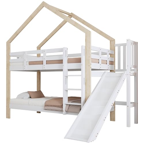 Rvjiahe Etagenbett mit Rutsche und dreistufiger Winkelaufstiegsleiter, Hausbett mit mit Absturzsicherung, Kinderbett, Bettrahmen aus Massivholz, Weiß+Natur, 90x200cm (Weiß+Natur, 90x200cm)