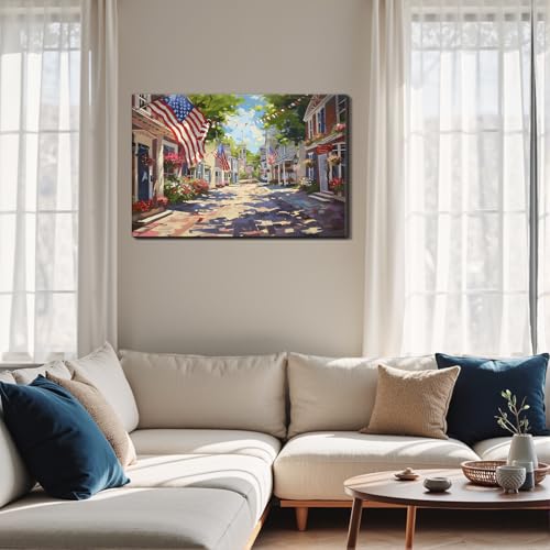 Image of Framed Patriotic Small Town USA Wall Art, American Flag Street Canvas Art Pictures, Vintage Main Street Wall Decor for Living Room Entryway Dining Room, Ready to Hang Made in USA