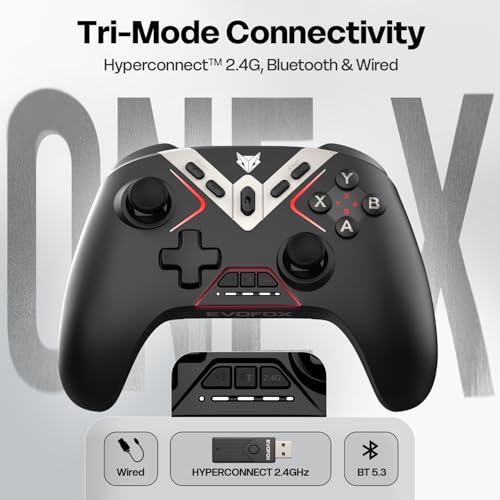 Image of EvoFox One X Wireless Gaming Controller for PC, Switch, Android, iOS & macOS, Tri-Mode, Hall Effect Joysticks & Triggers, On-the-fly 6 Axis Gyro, 1000Hz Polling, Macro buttons, 800mAh Battery (Black)