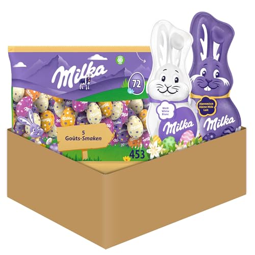 Milka - Assortiment de Chocolats de Pâques : 1 Lapin Chocolat Blanc, 1 Lapin Chocolat au Lait, 1 Sachet de Petits Œufs Mix 5 Goûts - Chocolat à Offrir -...