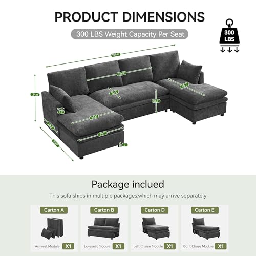 Image of 110 inch Sectional Couches with Double Chaises, Comfy Deep Dual-Layer Cushion Couch, 6 Seater U Shaped Couch, Modern Modular Sofa, Chenille Sofas for Living Room, Apartment, Grey