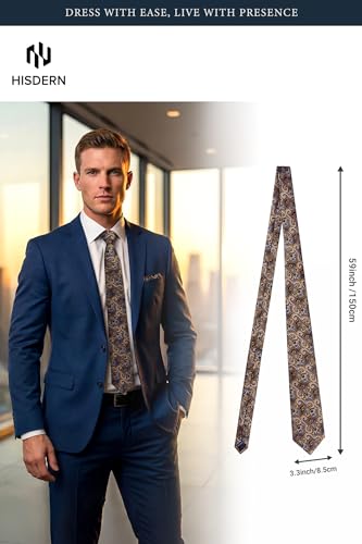 Image of HISDERN Ties for Men Paisley Floral Mens Ties and Pocket Square Cufflinks Set Classic Business Necktie Handkerchief