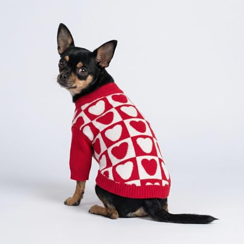 Image of Fitwarm Checkered Heart Dog Sweater, Cozy Valentines Outfit for Small Dogs Girl, Festive Pet Clothes, Red, White, XS