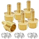 Uenede 6PCS Brass Hose Barb Fittings 1/2' NPT Male to 5/16' Barb Adapter Connector Include 6 Stainless Steel Clamps for Water/Oil/Gas