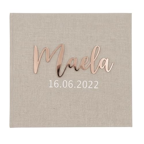 Álbum de fotos de bebé personalizado y libro de visitas – Mi primer año – Fecha – Álbum de lino con nombre de acrílico y texto – 60 páginas – Regalo para nacimiento, bautizo bebé