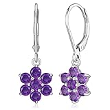 Sterling Silver Genuine African Amethyst Flower Leverback Dangle Earrings